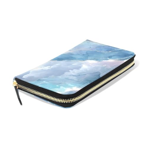 Long Wallets Leather Bifold Wallet for Women Blue Marble Texture with Zipper Credit Card Holder Large Capacity3