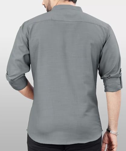 Image of DEEMOON Men's Regular Fit Solid Sprad Collar Casual Shirt with a Trendy Mandarin Collar Crafted from a Premium Cotton Blend