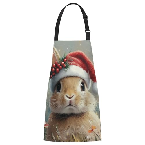 Aglebo Christmas Rabbits Flowers Chef Apron with Pockets Adjustable Shoulder Strap Waterproof Cooking Apron for Kitchen Baking Gardening Pottery Painting