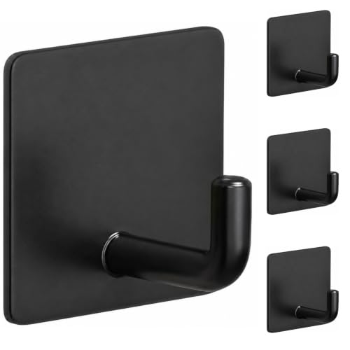 Image of KONVIO NEER Self Adhesive Metal Wall Hooks - Pack of 4 Heavy Duty Square Wall Hooks Without Drilling | Black Waterproof & Rust-Resistant Hooks for Towels, Keys, Kitchen, Bathroom & Home Organization