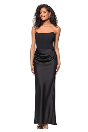 Image of Betsy & Adam Women's Floor Length, Strapless Boned Corset Detail Dress with Draped Satin Ruched Skirt