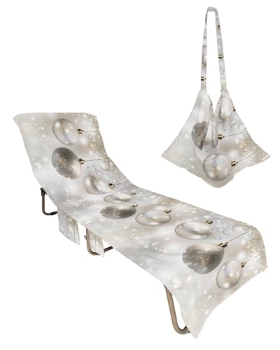 Christmas Balls Beach Chair Towel Covers for Chaise Lounge with Side Pocket, Soft Plush Pool Towels Cover for Patio Sunbathing Outdoor 29''x85'' Gradual Silver White Star Snowflake