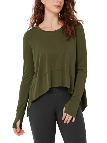 Image of ODODOS Soft Modal Long Sleeve Crop Top for Women with Thumb Hole Athletic Gym Workout Cropped Yoga Shirts