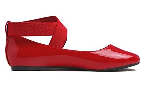 FEVERSOLE Women's Fashion Elastic Ankle Strap Shoes Round Toe Ballet Flat Red Patent Vegan Leather Size 6 M US by FEVERSOLE - Used condition - Image 5