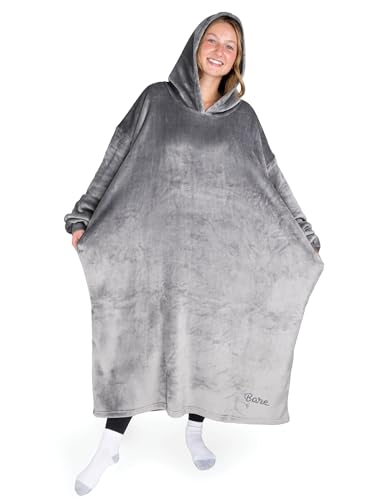 Bare Home Long Length Microplush Wearable Blanket with Side Pockets - Soft and Plush - Warm and Cozy - Adult &amp; Kid Sizes (Adult, Grey)