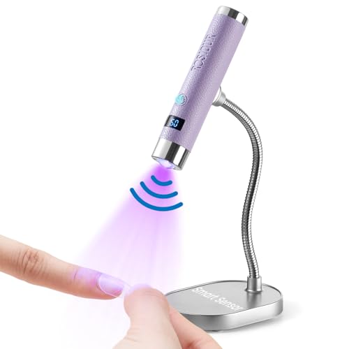 Rosiour Mini lámpara UV para uñas de gel, recargable de mano, luz LED de curado UV con soporte, lámpara UV de secado rápido con sensor automático para manicura en casa y salón (morado)