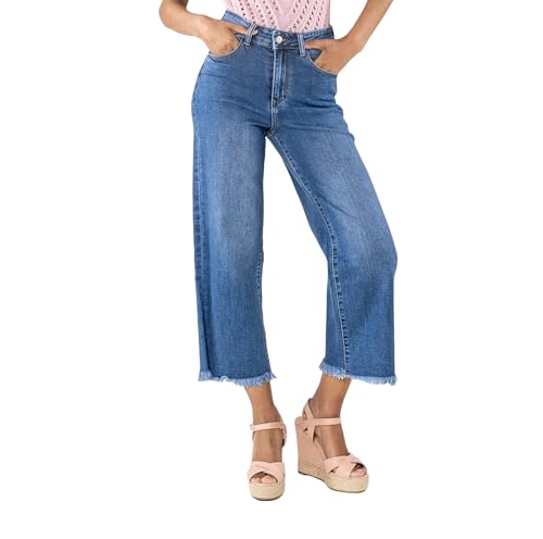 Nina Carter Q1850 Damen Jeans – 7/8 Cropped, High Waist, Stretch, Flared Cut, Used Look, Ausgefranst (Dunkelblau (QY1850-1), M)