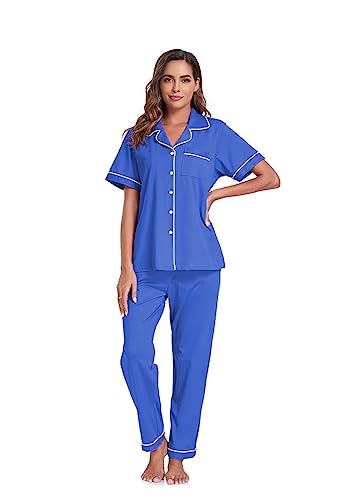 Image of COLORFULLEAF Women's 100% Cotton Pajamas Set Button Down Sleepwear Short Sleeve Shirt and Long Pants Soft Ladies Lounge Sets