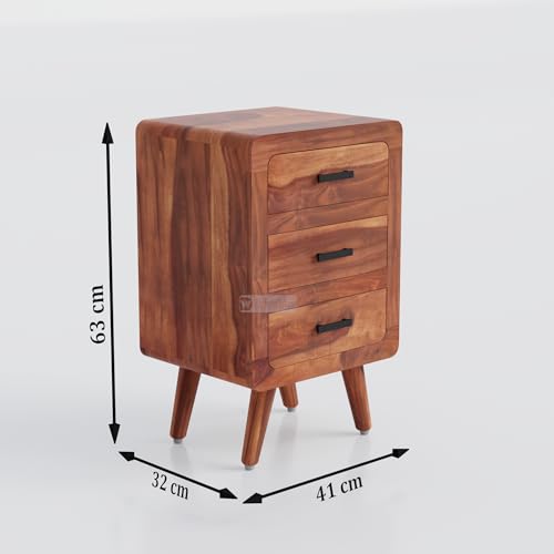 Image of DRIFTINGWOODb Alicia Solid Wood Bedside Table | Wooden Bed Side Tables with Drawers | Nightstand Side Table for Bedroom | Nigh Stand End Table with 3 Drawers Storage for Home | Honey Finish