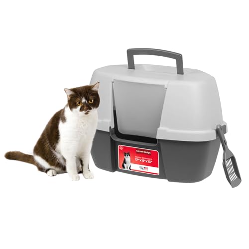 IRIS USA Corner Cat Litter Box - Enclosed Corner Litter Box with Scoop, Hooded Litter Tray for Corners, Space-Saving Covered Litter Box, Odor Defensive, Dark Gray