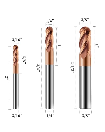 Image of 1 /16 inch 1 /8 inch 3 /16 inch 1 /4 inch 3 /8 inch Carbide End Mills Set, 4 Flute, TISIN Coated, Ball Nose End Mill Bits for Steel, CNC Router Bits, Center Cutting