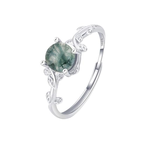 Natural Moss Agate Ring 925 Sterling Silver Round opening adjustable Green Moss Agate Ring Promise Ring Engagement Wedding Jewelry Gift for Women