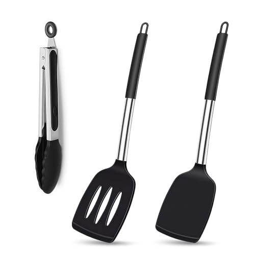 3PCS Heat Resistant Silicone Spatulas, BPA Free, Large Black Spatula Turner, Reusable Silicone Spatula Set, Non Stick Flexible Silicone Spatula Set for Baking, Frying, Flipping Eggs, Pancakes