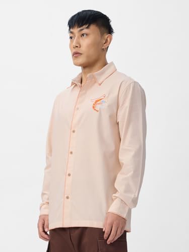 Image of The Souled Store Shrimp Cocktail Men and Boys Long Sleeves Collared Neck Button Front Pink Embroidered Cotton Relaxed Shirts