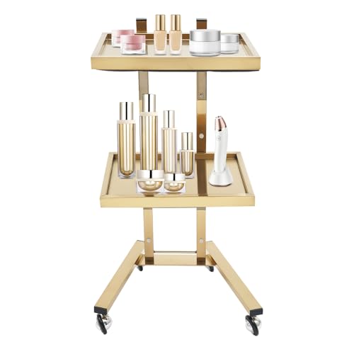 Sootvp Esthetician Trolley Cart with Wheels, 2-Tier Foldable Beauty Hair Tools Organizer Roller Cart for Barber and Salon, Gold