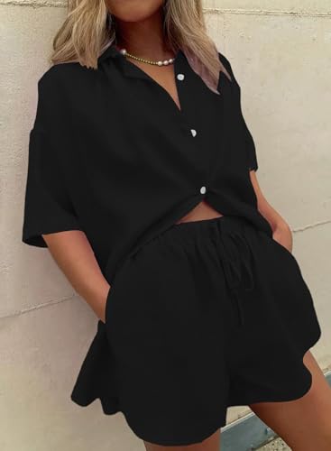 Image of Fixmatti Women 2 Piece Outfits Long Sleeve Button Down Blouse and Shorts Sweatsuit Sets