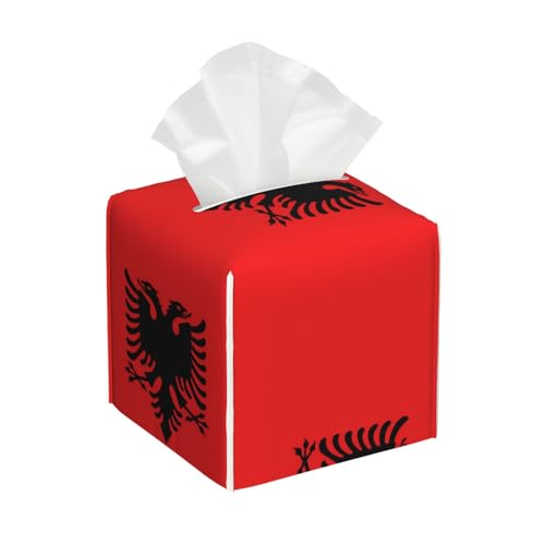 QWVBN Boîte à mouchoirs carrée en cuir avec drapeau albanais, tissu en cuir imperméable, adapté pour les salons, bureaux, salles de bains, etc.