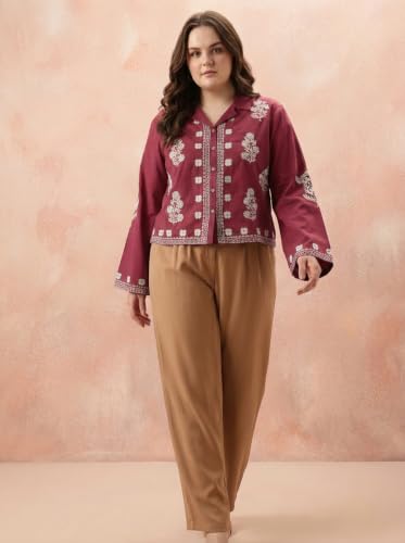 Image of Bee M Pee Designer Women's Embroidered Korean Crop Shirt | Full Bell Sleeves Western Tops for Woman Stylish | Oversized Formal /Casual /Office Wear Cotton Shirts Top for Women