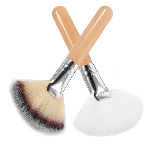 Homoyoyo Pinceles Abanico de Maquillaje Mango de Madera Natural, Pack Doble Cerdas Blancas y Multicolor, para Polvos, Base y Corrector, Ideales para Uso Diario y Maquillaje Profesional