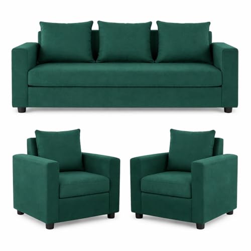Image of Wood 3+1+1 Sofa Set 5 Seater | Velvet Fabric Upholstery | Wooden Frame Sofa Set with 3 Seater & 2 Single Chairs for Living Room, Home & Office (Green)