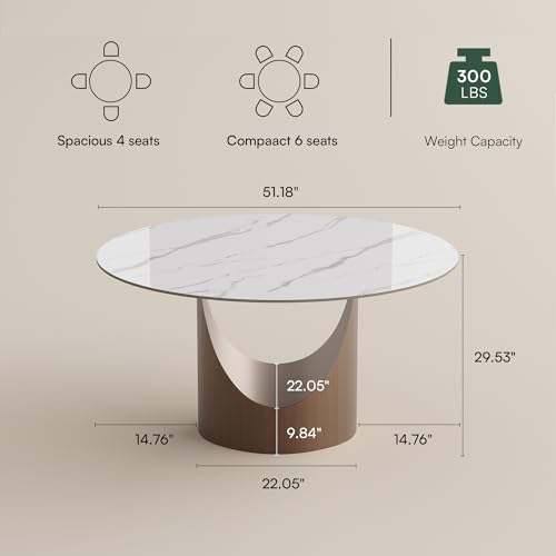 POVISON Round Dining Table for 4, 51" Glossy White Sintered Stone Top Dining Table with Bronze Carbon Steel Pedestal, Modern Dining Room Table for Kitchen, Living Room (Table Only) - Image 2