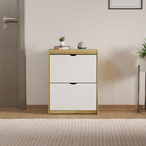 Image of beAAtho Zento Shoe Cabinet with Tilt-Out Drawers | Modern Wooden Shoe Organizer for Home & Office | Durable & Elegant | DIY | (Wotan Oak- Biege)
