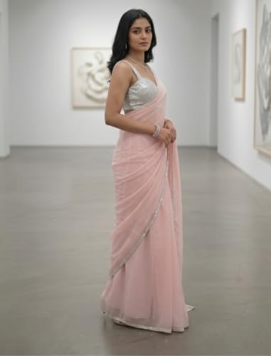 Image of FREE SPIRIT Women's Jimmi Choo Saree with Unstitched Blouse Piece Lace Border and Solid Pattern | Indian Saree for Women | Fancy Designer Sarees | Premium Saree for Womans