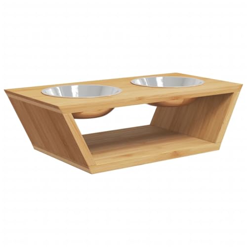 sephironlbb Erhöhter Hundenapf aus Bambus mit 2 Edelstahlschalen 35,5x18x10,5 cm, rutschfest, ideal als Futterspender und Trinknapf für Hunde und Kleintiere, leicht zu reinigen und stabil-4