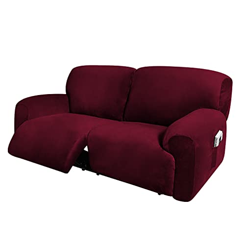 ULTICOR Extra Wide 75" - 100", Reclining 2 Seater Sofa, Extra Wide Reclining Love Seat Slipcover, 6-Piece Velvet Stretch, Reclining Sofa Covers, Thick, Soft, Washable (Burgundy - Wine)