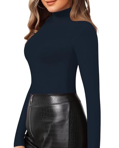 Image of MANGOPOP Women's Mock Turtle Neck Slim Fit Long Sleeve 3 /4 Sleeve Short Sleeve T Shirt Tight Tops Tee