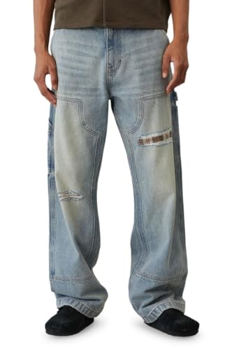 PacSun Men's Dylan Baggy Jeans Ripped Carpenter Plaid Medium Blue