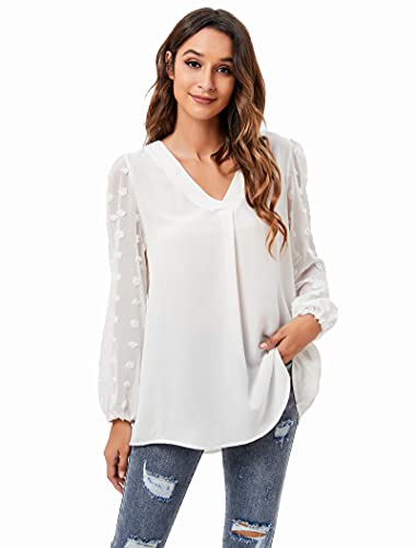 Colorting Women's Chiffon Long Sleeve Blouse Crochet Lace Insert Swiss Dot Boho Shirts Flowy Tunic Tops (1208-White-S)
