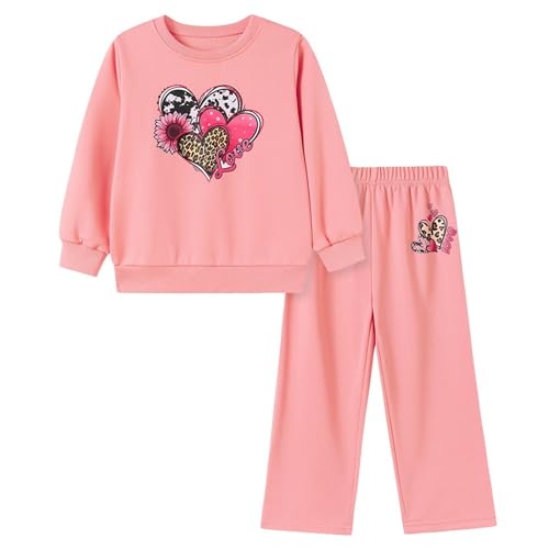Image of Girls Valentine's Day Outfit Heart Love Print Sweatshirt Kids Girls Clothes Set