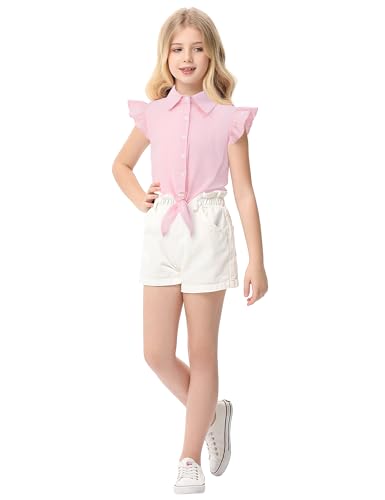Image of Girls Sleeveless Plaid Button Down Shirt Summer Crop Tops Tie Knot Ruffle Sleeve Shirt Blouse 3-12Y