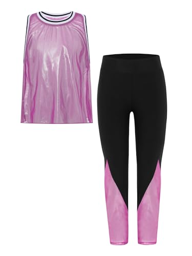 YiZYiF Kids Girls Piece Dance Sports Set Sleeveless Mesh Vest And Leggings Pants Set For Latin Gymnastics