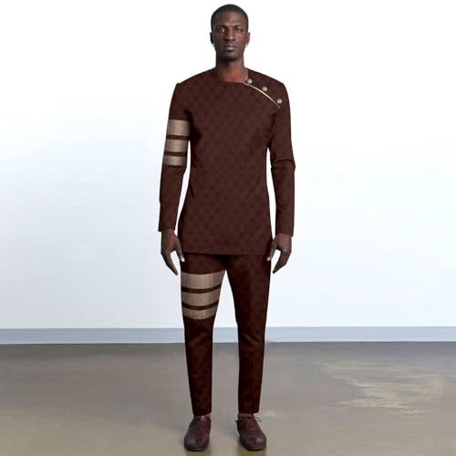 Men`s Suits Gold Button Long Sleeve Embroidery Zip Shirts and Pants 2 Piece Set African Clothes2