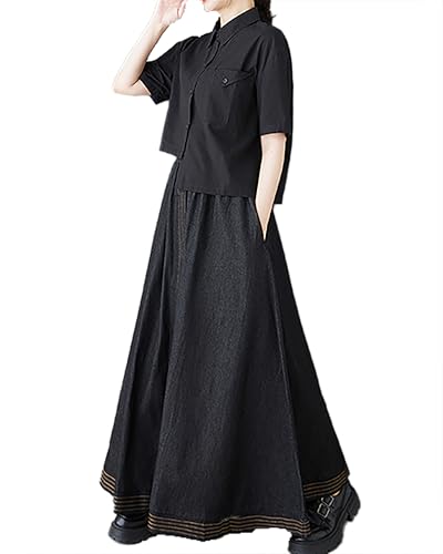 ellazhu Women's Skirt Elastic Waist Solid Straight Hem Two Side Pockets Maxi Loose Casual GZ4153