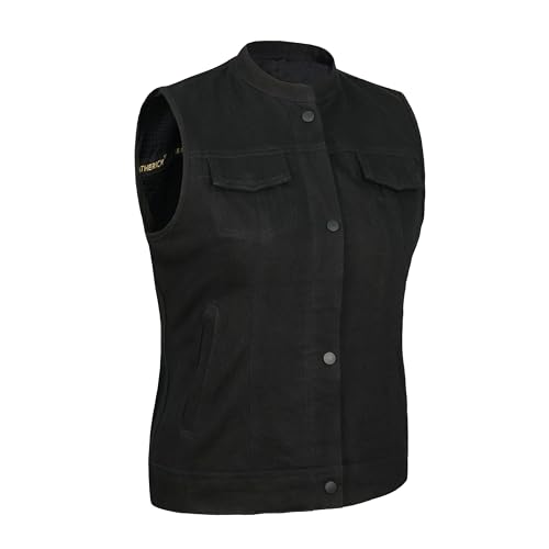 Leatherick Chaleco de motociclista Ladies Pure Denim - chaleco de motociclista duradero estilo club para mujer con 7 bolsillos funcionales (FR/ES, Letras, M, Regular, Regular, Negro)