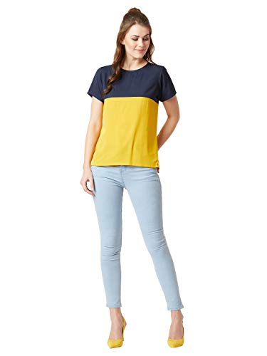 Image of Miss Chase Women's Navy Blue and Yellow Round Neck Boxy Top