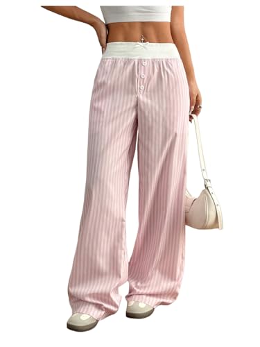 Milumia Women's Colorblock Striped Long Pants Bow Tie Button Front Loose Fit Casual Pants