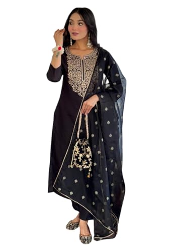 Kurta brodé en viscose noire Yashika XL avec pantalon ethnique et dupatta pour femme