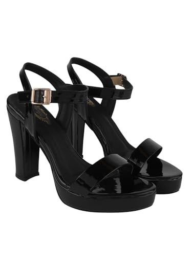 Image of Shoetopia Women's High Heel Sandals, Patent Block Heel Ankle Strap Buckle Sandals, Stylish Party & Evening Footwear