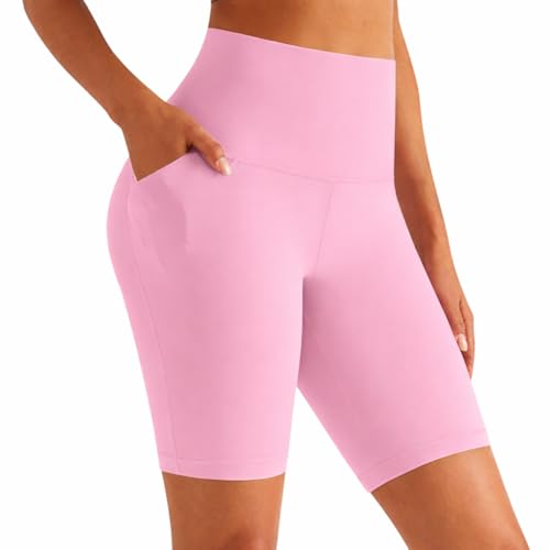 GROTEEN High Waisted Biker Shorts with Pockets for Women Yoga Workout Tummy Control Gym Running Shorts Leggings Pink