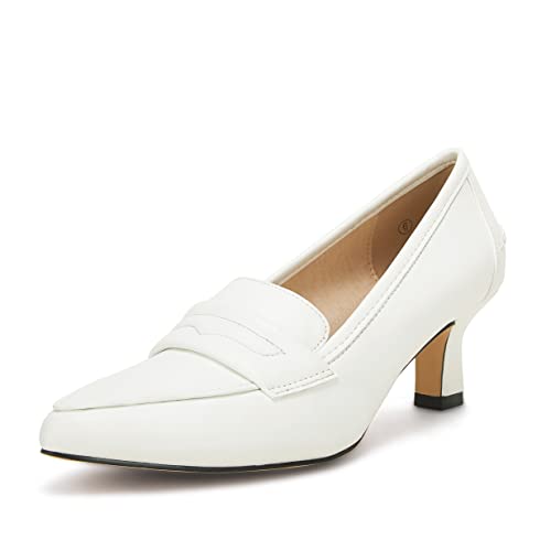 Coutgo Womens Low Kitten Heels Pumps Closed Pointed Toe Stiletto Faux Leather High Heel Slip on Office Dress Wedding Party Shoes Loafer Sandals White 6.5
