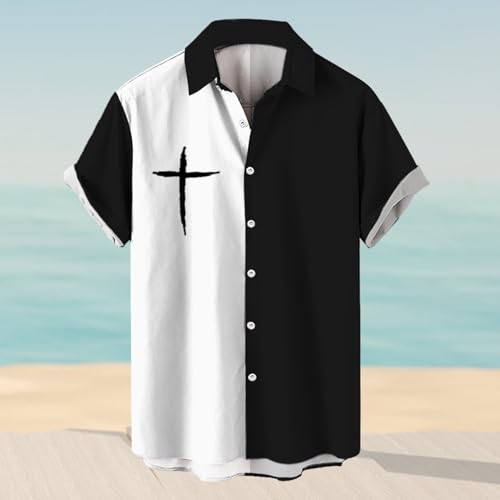 Mens Short Sleeve Vertical Stripes Shirt Full Button Down Christian Cross Graphic Blouse Oversized Vacation Beach Top2