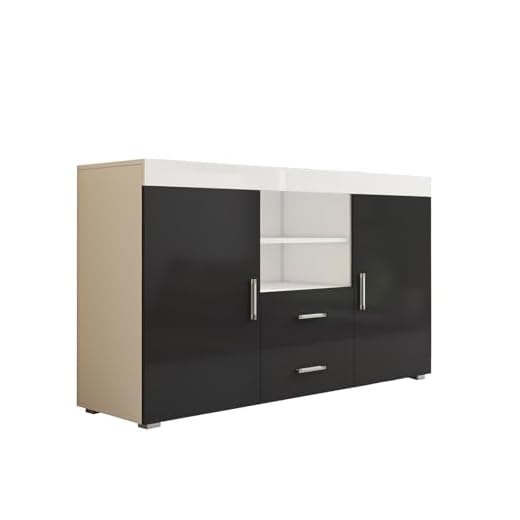 MB Muebles Bonitos, Aparador Roque para Salón Comedor Moderno, Mueble TV de Melamina, Blanco y Negro Brillo, 140x80x40 cm