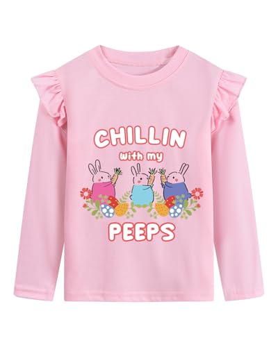 Image of Tkria Toddler Girls Happy Easter T-Shirt Bunny Eggs Ruffle Long Sleeve Shirt Kids Tee Top 2-7T