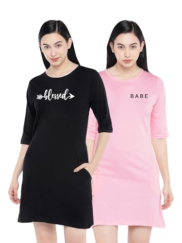 Image of Status Mantra Long T-Shirt Dress for Women - Cotton Knee Length T Shirt Top | 3 /4th Sleeves, Soft Bio-Washed Fabric | Stylish Regular Fit Crew Neck