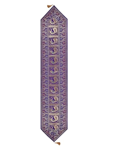 Image of Banarasi Brocade Zari Silk Table Runner Dinning & Centre Table Runner 177 By 30 CM (Purple, Peacock)