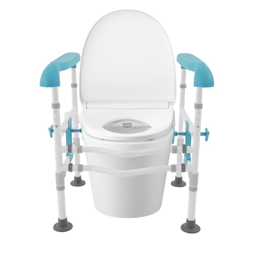 Toilet Safety Rails, Adjustable Height & Width Toilet Safety Frame, Foldable Handicap Toilet Handles for Seniors, Handicap, Disabled, 360° Rotatable Clamps, Fit Most Toilets (330 LBS Blue)